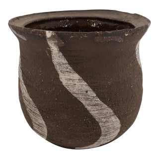 Modern Earthy Hand-Thrown Brown Pottery Planter With White Stripes For Sale