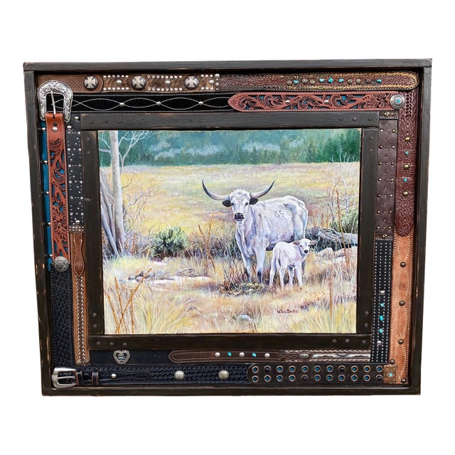 "Patience" ~ Willie Britt Original Acrylic Painting~ a Picturesque Moment of a Long Horn and Her Calf For Sale