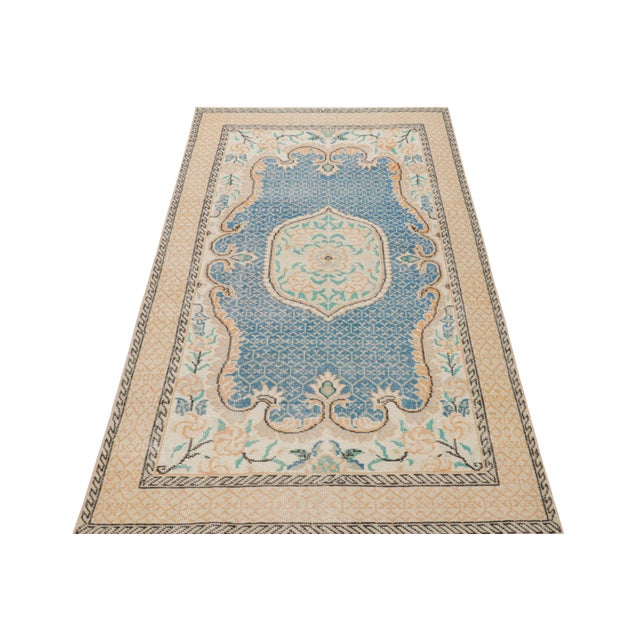 1960s Vintage Zeki Müren Rug in Blue With Colorful Floral Medallion, From Rug & Kilim For Sale - Image 5 of 8