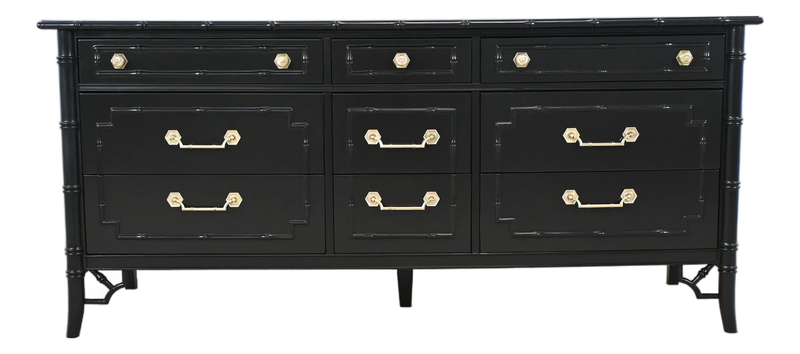 Thomasville Allegro Faux Bamboo Hollywood Regency Black Lacquer 9 Drawer  Dresser| Newly Refinished
