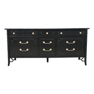 Thomasville Allegro Faux Bamboo Hollywood Regency Black Lacquer 9 Drawer Dresser| Newly Refinished For Sale
