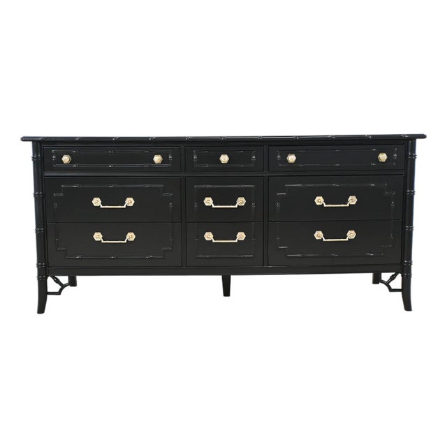 Thomasville Allegro Faux Bamboo Hollywood Regency Black Lacquer 9 Drawer Dresser| Newly Refinished For Sale