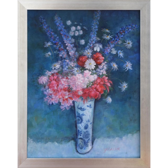 Vintage floral still life painting of a bouquet of flowers in a blue and white Chinese vase. Oil on canvas presented in a...