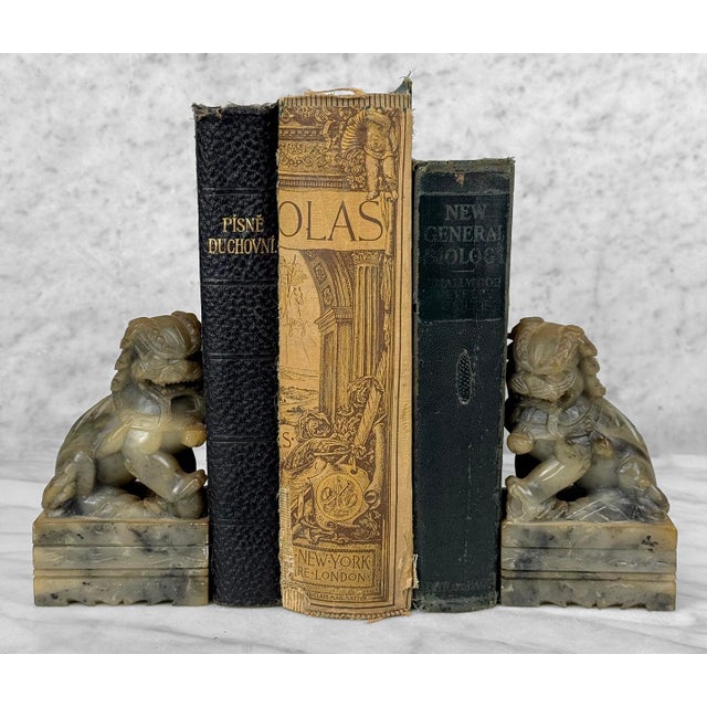 Original Early 20th Century Chinese Soapstone Foo Dog Bookends Solid Natural Soapstone with Wonderful Mottled Graining...