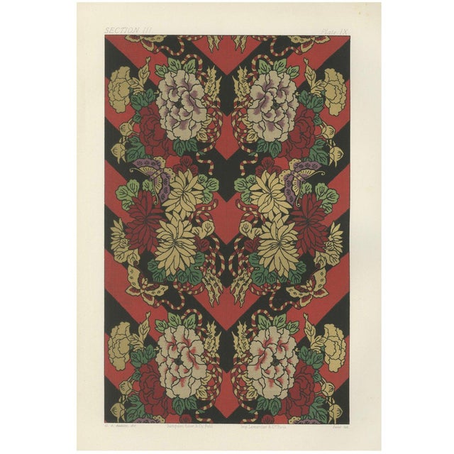 Japanese Floral and Butterfly Textile Pattern, 1880s, Lithograph For Sale