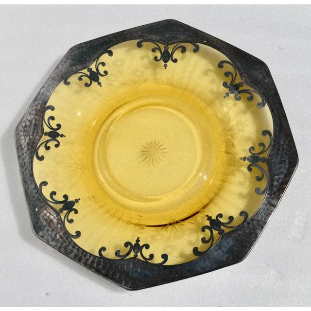 Antique Shaped Amber Etched & Cut Glass Decorative Plate W/Silver Overlay For Sale - Image 9 of 13