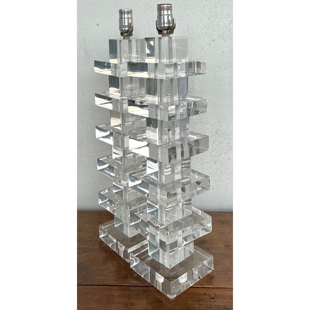 Transparent Vintage Stacked Lucite Blocks Lamps - A Pair For Sale - Image 8 of 12