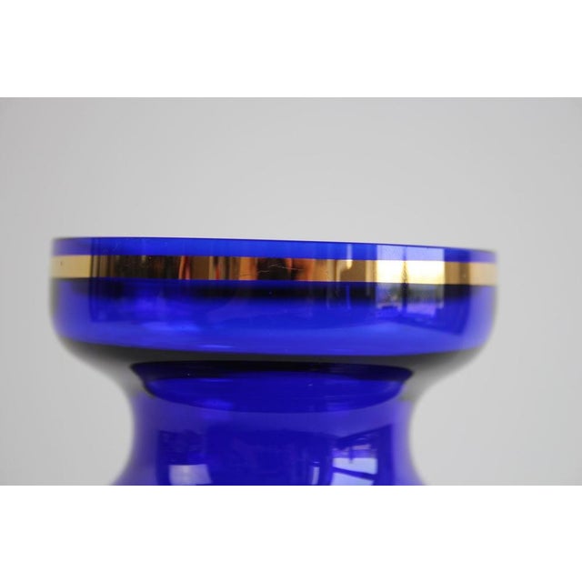 Boho Chic Bohemian Crystal Cobalt Blue Vase with Hand-Painted Floral and Gold Details, 1960 For Sale - Image 3 of 9