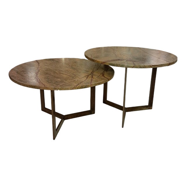 Round Forest Green Marble Tables, 2010s, Set of 2 For Sale