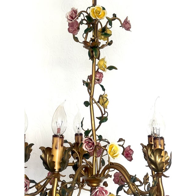 Italian Metal and Porcelain Flower Chandelier, 1940s For Sale - Image 12 of 17