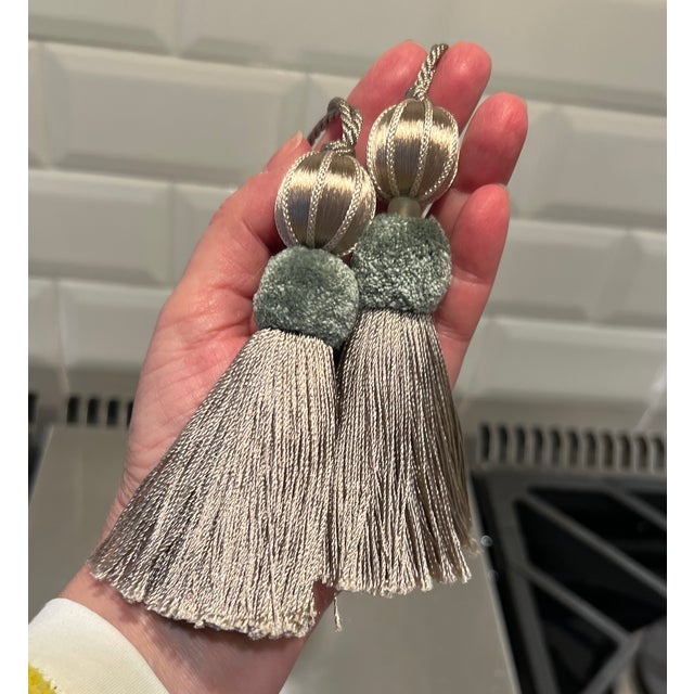 Aqua and Taupe Satin Beaded Key Tassel With Cut Velvet Detail For Sale - Image 9 of 17