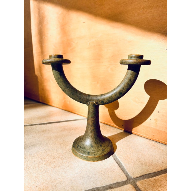 Forest Green Sculptural Studio Ceramic Double Candelabra, Germany, 1960s For Sale - Image 8 of 11