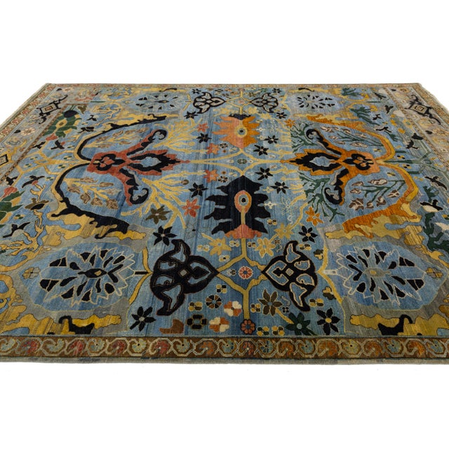Modern Blue and Gold Bidjar Style Hand-Knotted Wool Rug With Palmette Motifs For Sale - Image 10 of 11