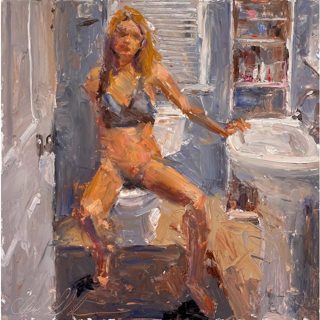Bathsheba by Clyde Steadman | Oil Painting of a woman seated in a bathroom setting. For Sale
