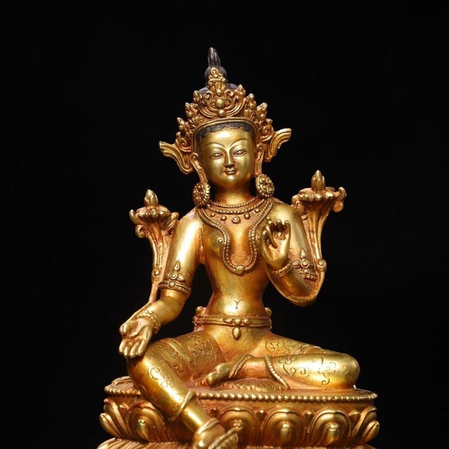 Vintage Gilt Bronze Green Tara Statue Buddhist Deity Sculpture 8.3" For Sale - Image 4 of 9