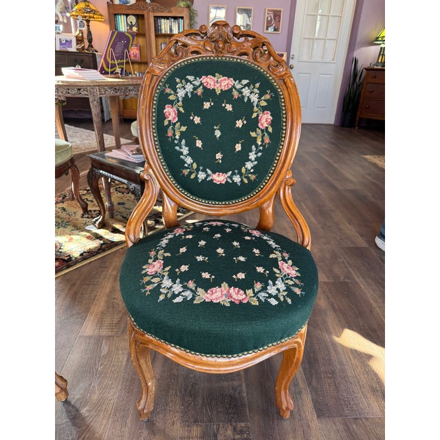 Mid 20th Century Pair of Needlepoint Upholstered Victorian Renaissance Revival Parlor Chairs. For Sale In Philadelphia - Image 6 of 8
