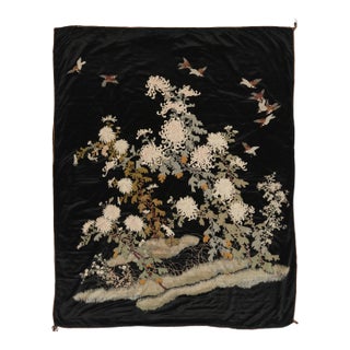 Antique Chinese Silk Tapestry, Elegant Florals and Birds on Black - Rug & Kilim For Sale