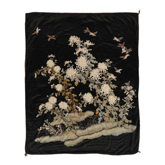 Antique Chinese Silk Tapestry, Elegant Florals and Birds on Black - Rug & Kilim For Sale