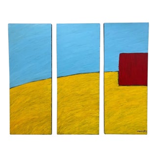 Contemporary, Three Panel Geometric Abstract Acrylic Painting, Signed, Dated For Sale