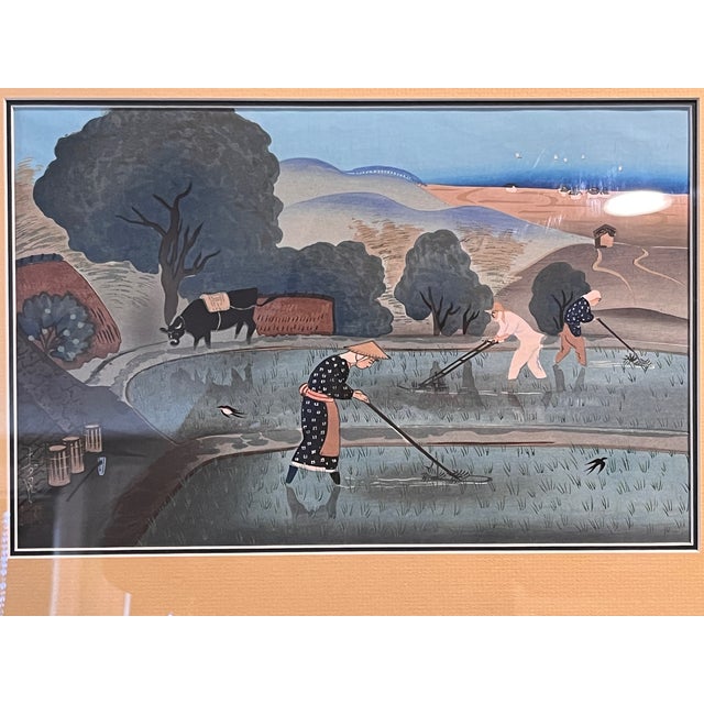 Vintage Japanese Woodblock Print Farmers Rice Paddy Framed 19x14 Minato Trading For Sale - Image 4 of 6
