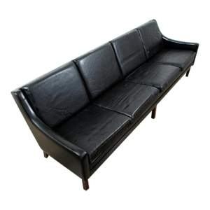 1960s Mid Century Danish Modern Leather Sofa Couch 4 Seat Black Vintage Rosewood Legs