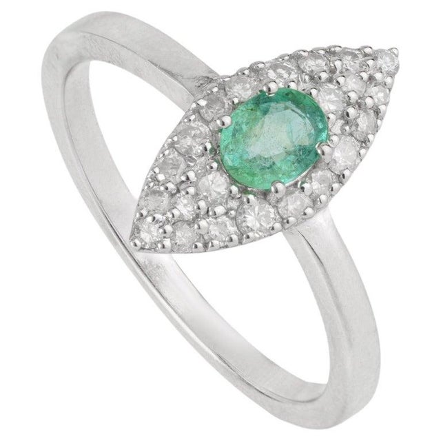 Oval Cut Emerald & Diamond Pavé Cocktail Ring in 925 Sterling Silver, Size 8 For Sale - Image 11 of 15