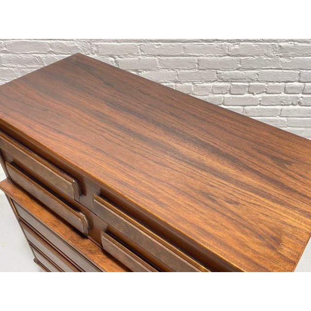 Mid Century Modern Walnut Dresser by United Furniture Co. | Burled Drawers | Refinished Storage 1960's For Sale - Image 9 of 11