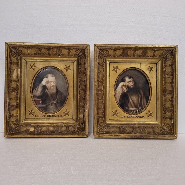 Marco Louis Philippe, Le Duc de Joyeuse and Le Pere Joseph, 1800s, Watercolor Engravings, Set of 2 For Sale - Image 5 of 13