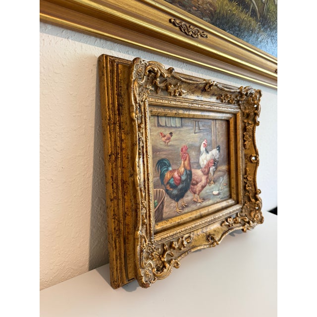 Vintage Signed Rooster and Chickens Oil Painting Farmyard Hen Scene, Gold Frame For Sale In Jacksonville, FL - Image 6 of 12