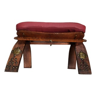 Antique Egyptian Ottoman with Brass Ornamentation and Leather, 1920s For Sale