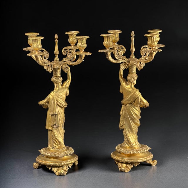 Traditional French Empire Revival Gilt Bronze Figural Candelabras, Late 19th Century, Set of 2 For Sale - Image 3 of 18