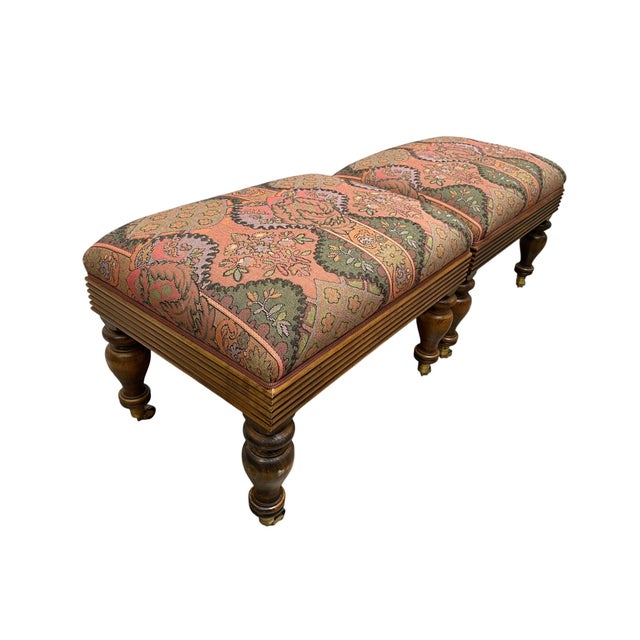 Late 20th Century Grange French Upholstered Footstool Ottomans on Brass Casters, Pair For Sale - Image 5 of 10