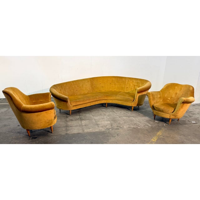 Curved Velvet Sofa by Federico Munari With Matching Armchairs, Italy, 1950s For Sale - Image 9 of 9