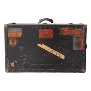 Antique Leather Trunk Suitcase With Original Travel Stickers For Sale