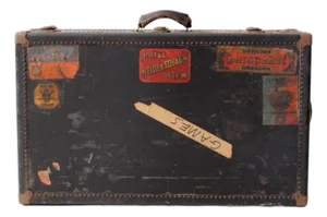 Antique Leather Trunk Suitcase With Original Travel Stickers