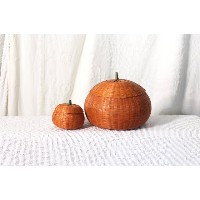 1980s Orange Pumpkin Wicker Baskets - Set of 2 For Sale - Image 6 of 6