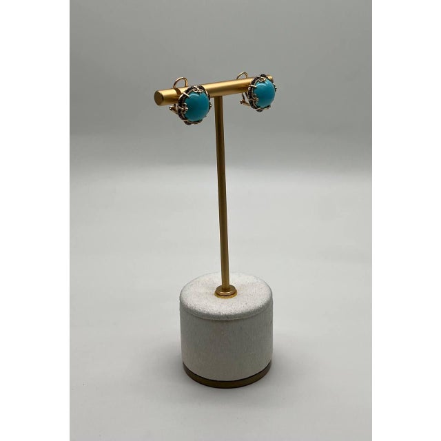Modern Blue Teal Turquoise Diamonds Halo Floral 14k Yellow Gold Statement Earrings - Set of 2 For Sale - Image 3 of 12