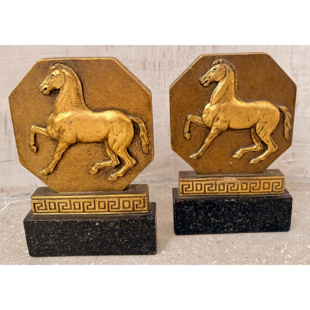 Rare 1930’s Italian Regency Equestrian Bookends by Borghese With Horse & Greek-Key Design in Gold Gilt on a Black Faux Granite Base- A Pair For Sale - Image 12 of 12