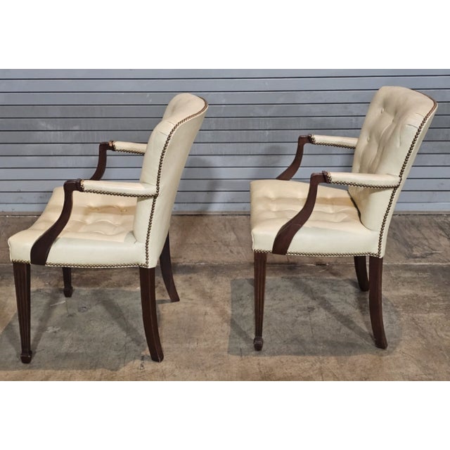 Pair of Late 20th Century Hickory Chair Mahogany Tufted Yellow Leather Open Arm Chairs For Sale - Image 9 of 10