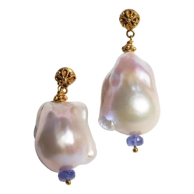 1990s Baroque Pearl, Tanzanite and 22K Gold Drop Earrings, Pair For Sale