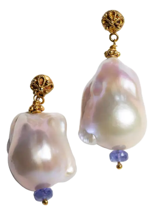 1990s Baroque Pearl, Tanzanite and 22K Gold Drop Earrings, Pair
