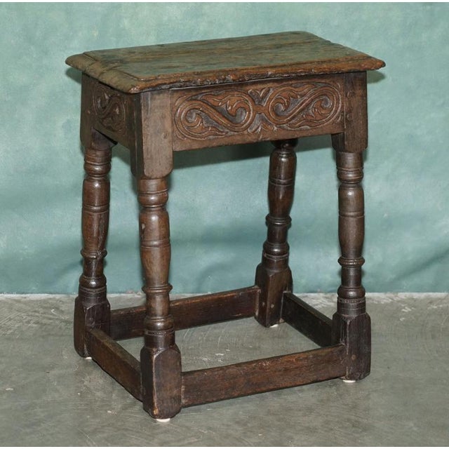 Exquisite Charles II 17th Century Carved Oak S-Scroll Joined Joint Stool C.1660. Constructed in solid oak using...