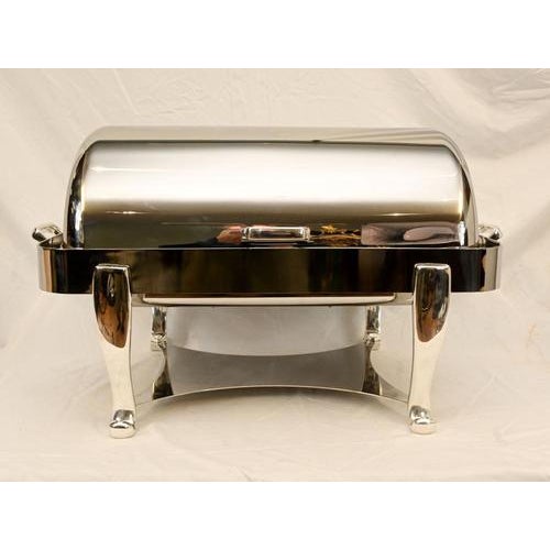Stylish vintage Sheffield silver plated serving chafing dish of rectangular form with domed roll-top lid. Made in...