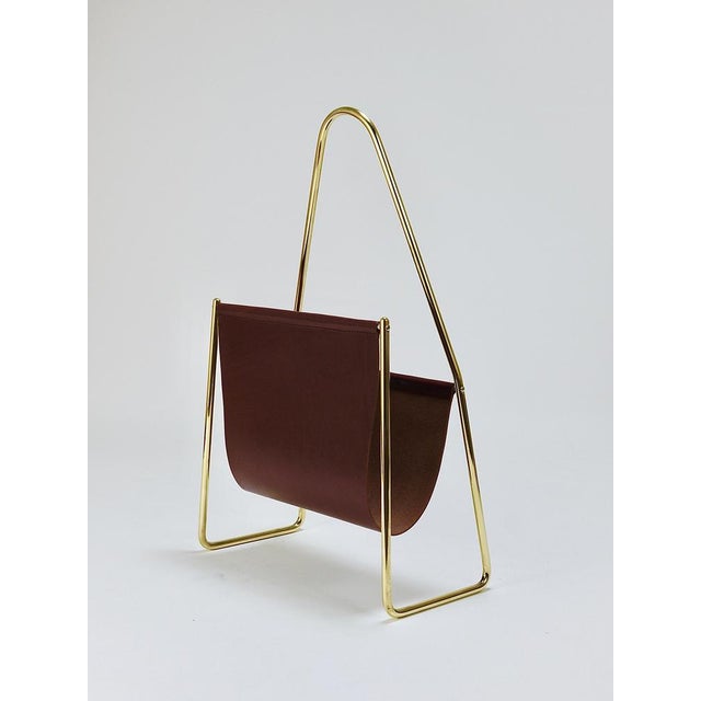 Mid-Century Magazine Rack in Brass and Brown Leather attributed to Carl Auböck, Austria, 1950s For Sale - Image 17 of 18