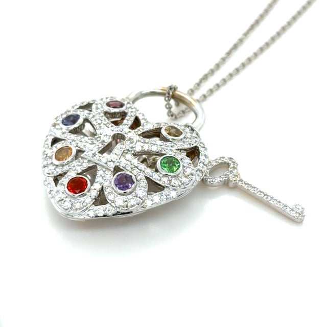 Contemporary Tiffany & Co., Diamond and Multigem Heart Key Locket Pendant/Necklace For Sale - Image 3 of 8