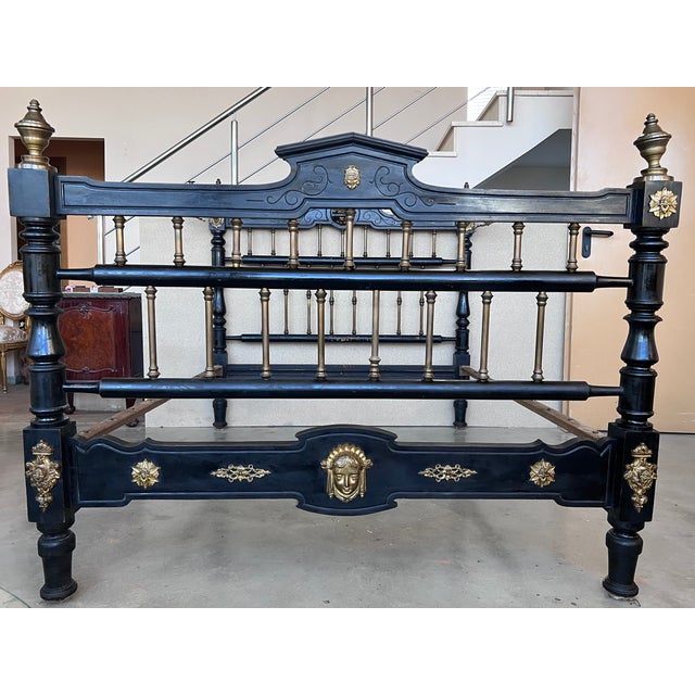 French Black Ebonized Bed With Bronze Mounts and Candle Holder , Signed For Sale - Image 4 of 13