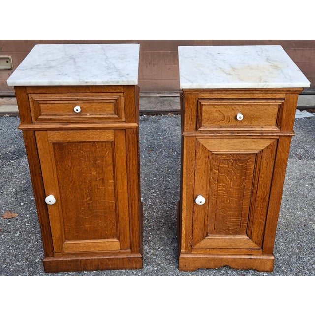 Victorian Near Pair of Victorian Oak and Marble Top Side Tables For Sale - Image 3 of 18