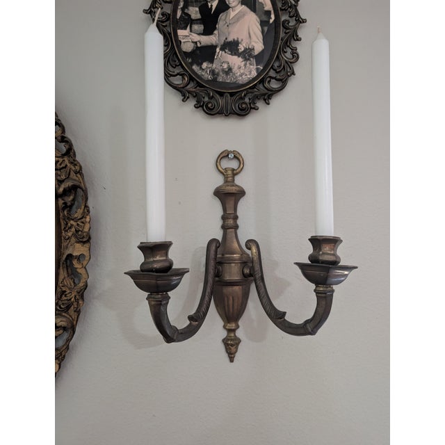 Vintage Pair of Brass Double Arm Wall Candle Scones - a Pair For Sale - Image 11 of 12