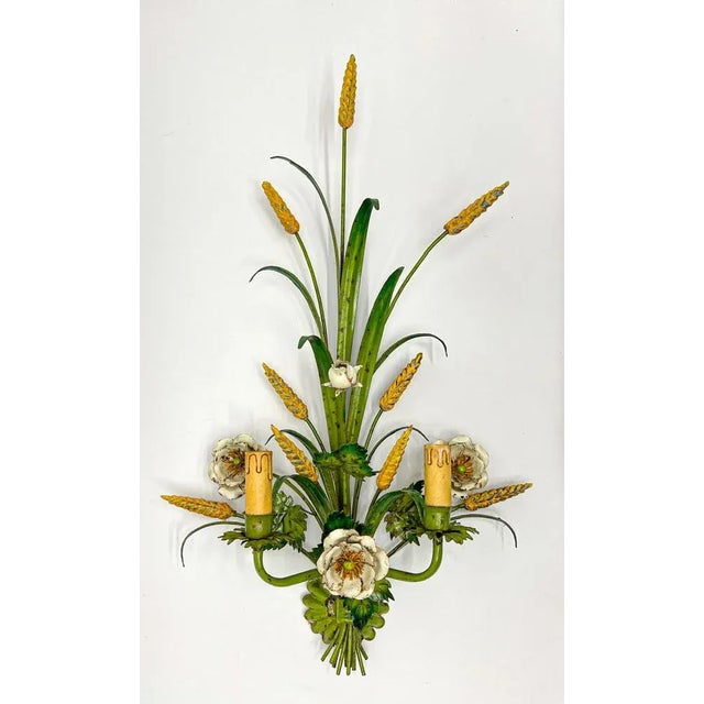 Charming 1960s Italian painted Toleware wall lamp, featuring a bouquet of white roses, yellow wheat and leaves. Two...
