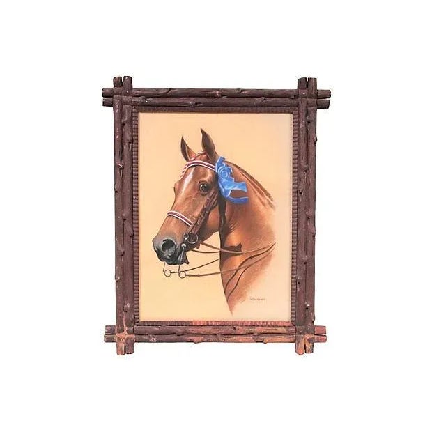 Horse Portrait w/ Hand-Carved Wood Frame For Sale - Image 4 of 4